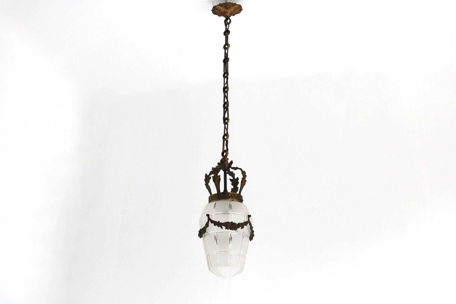 Antique French Bronze Hanging Lamp In Gilded Brass And Satin Cut Glass Etched Glass Art Deco Crown Ceiling Lamp ,1930s
