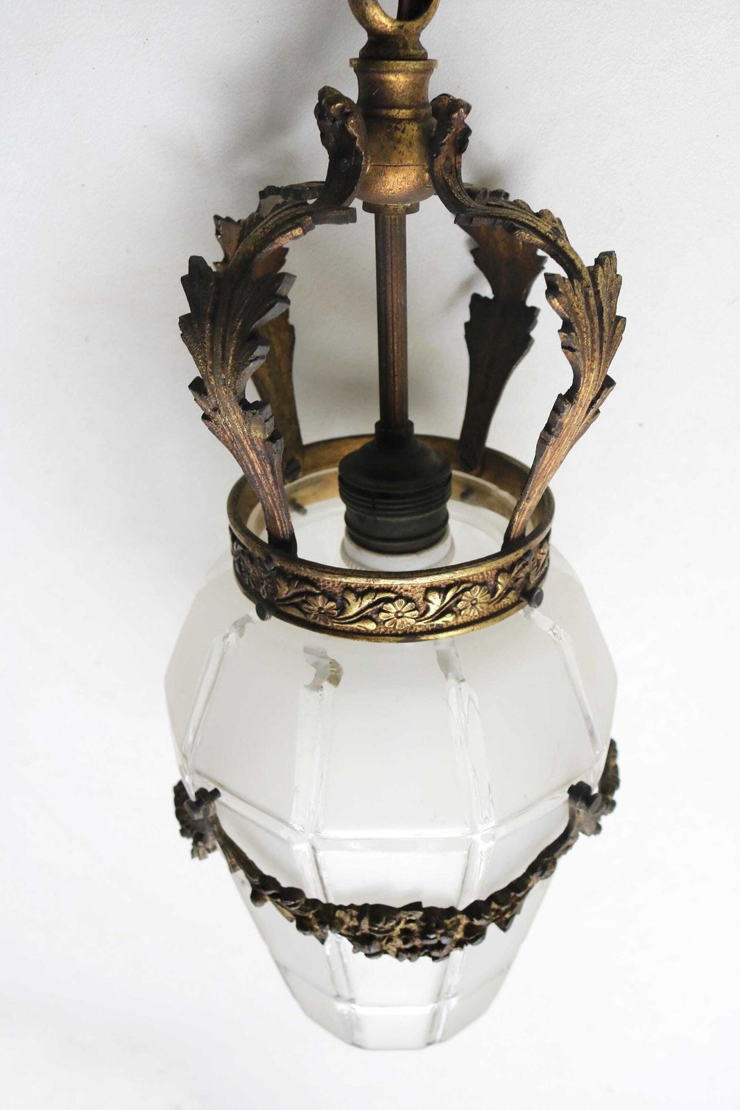 Antique French Bronze Hanging Lamp In Gilded Brass And Satin Cut Glass Etched Glass Art Deco Crown Ceiling Lamp ,1930s photo vinterior