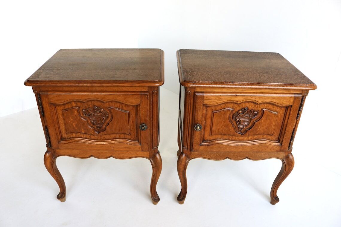 Handcarved Country French Louis XVI Style Antique Style Handmade Oak Nightstands 1960 Doors Midcentury Bedside Tables Vintage End Tables photo Furniture