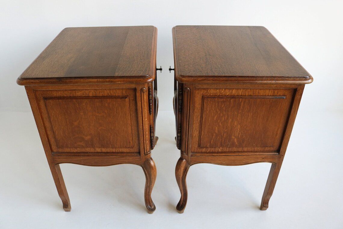 Handcarved Country French Louis XVI Style Antique Style Handmade Oak Nightstands 1960 Doors Midcentury Bedside Tables Vintage End Tables photo 966.0