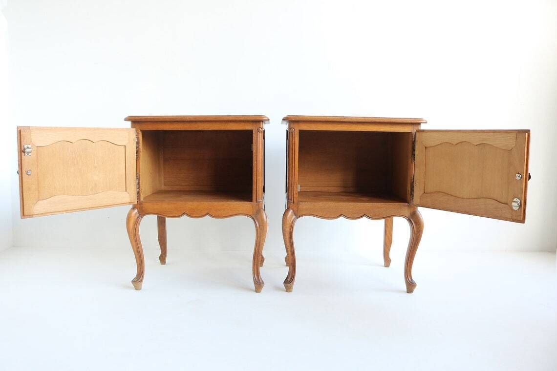 Handcarved Country French Louis XVI Style Antique Style Handmade Oak Nightstands 1960 Doors Midcentury Bedside Tables Vintage End Tables photo buy