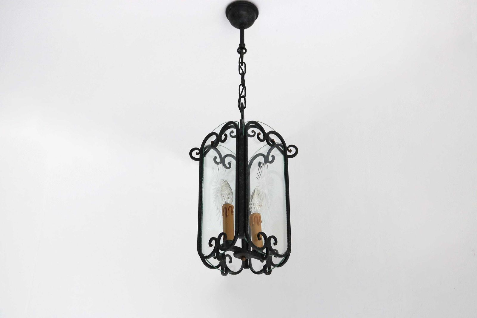 Vintage Rustic Iron Hanging Hall Lantern Chandelier French Pendant Etched Glass Ceiling Lamp Antique Entryway Hall Light Hand Forged 1950s