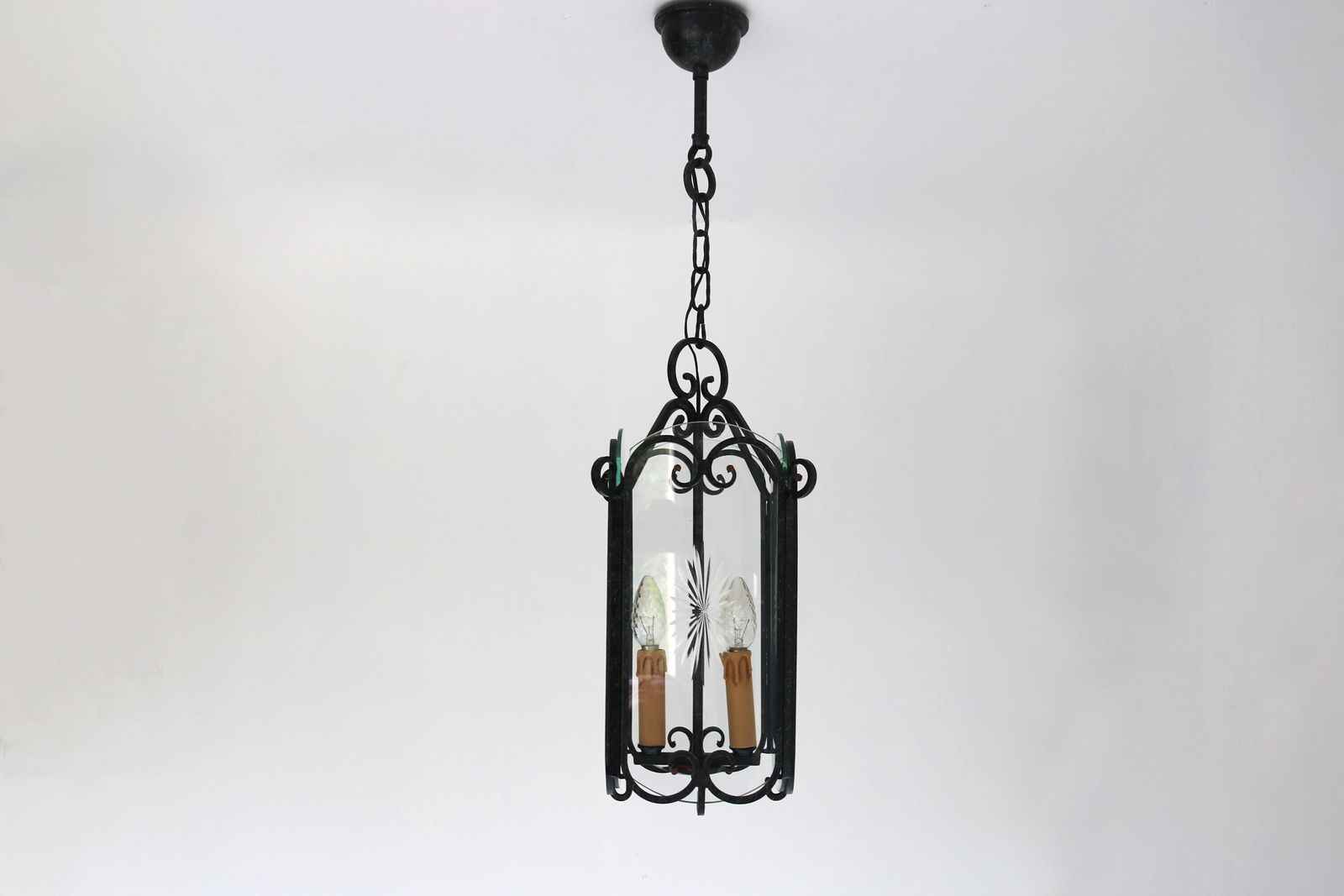 Vintage Rustic Iron Hanging Hall Lantern Chandelier French Pendant Etched Glass Ceiling Lamp Antique Entryway Hall Light Hand Forged 1950s photo Lighting
