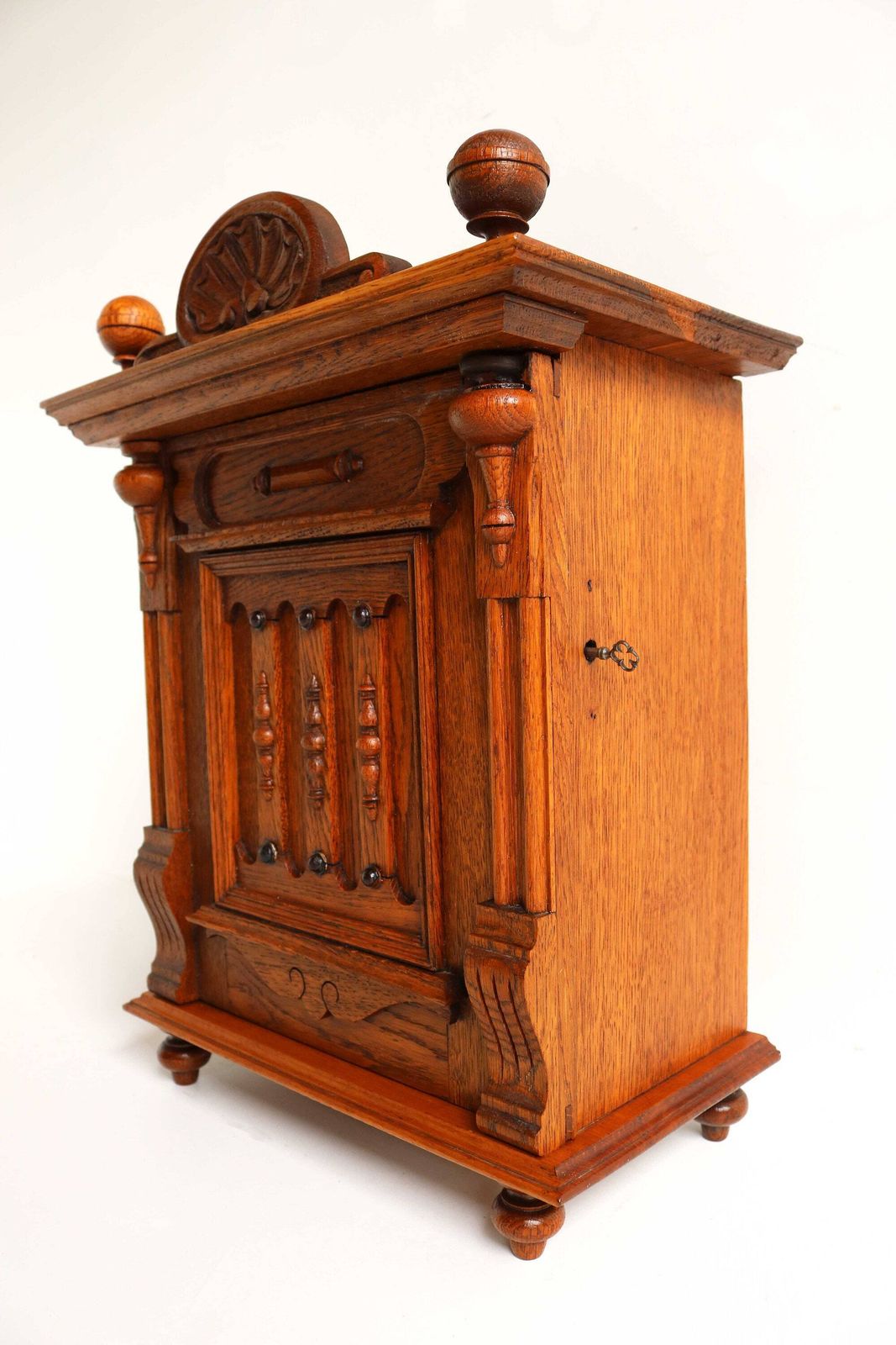 Antique German 19th Century Standing Or Hanging Small Cabinet Hand Carved Oak Neo Classical Small Wall Cabinet Lock And Key 1880s photo furniture