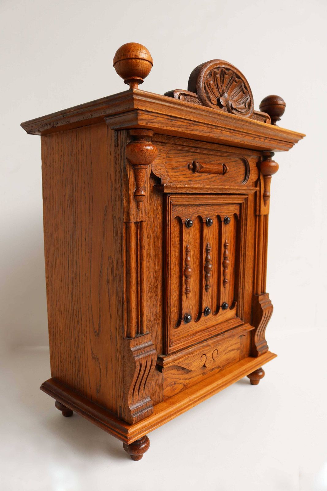 Antique German 19th Century Standing Or Hanging Small Cabinet Hand Carved Oak Neo Classical Small Wall Cabinet Lock And Key 1880s photo 804.0