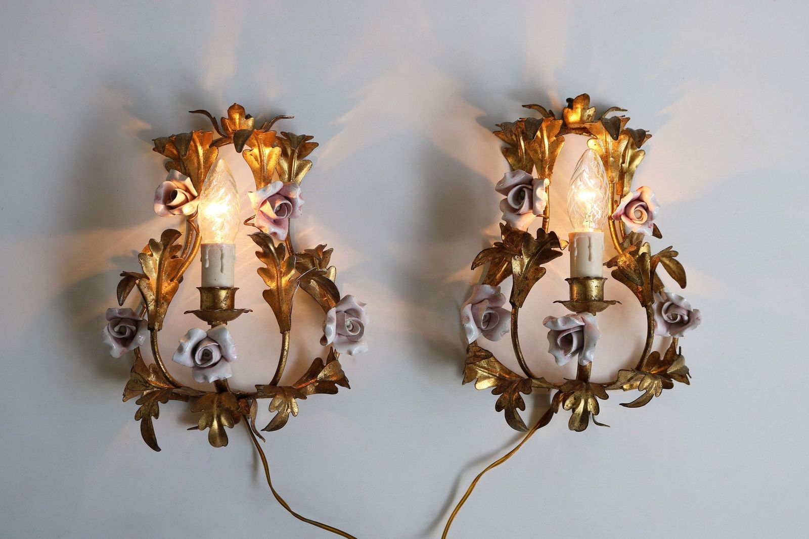 Pretty Pair Of Gilded Tole Italian Wall Sconces With Hand Made Pink Porcelain Roses Flower Wall Lights Hollywood Regency Romantic 1950 1960