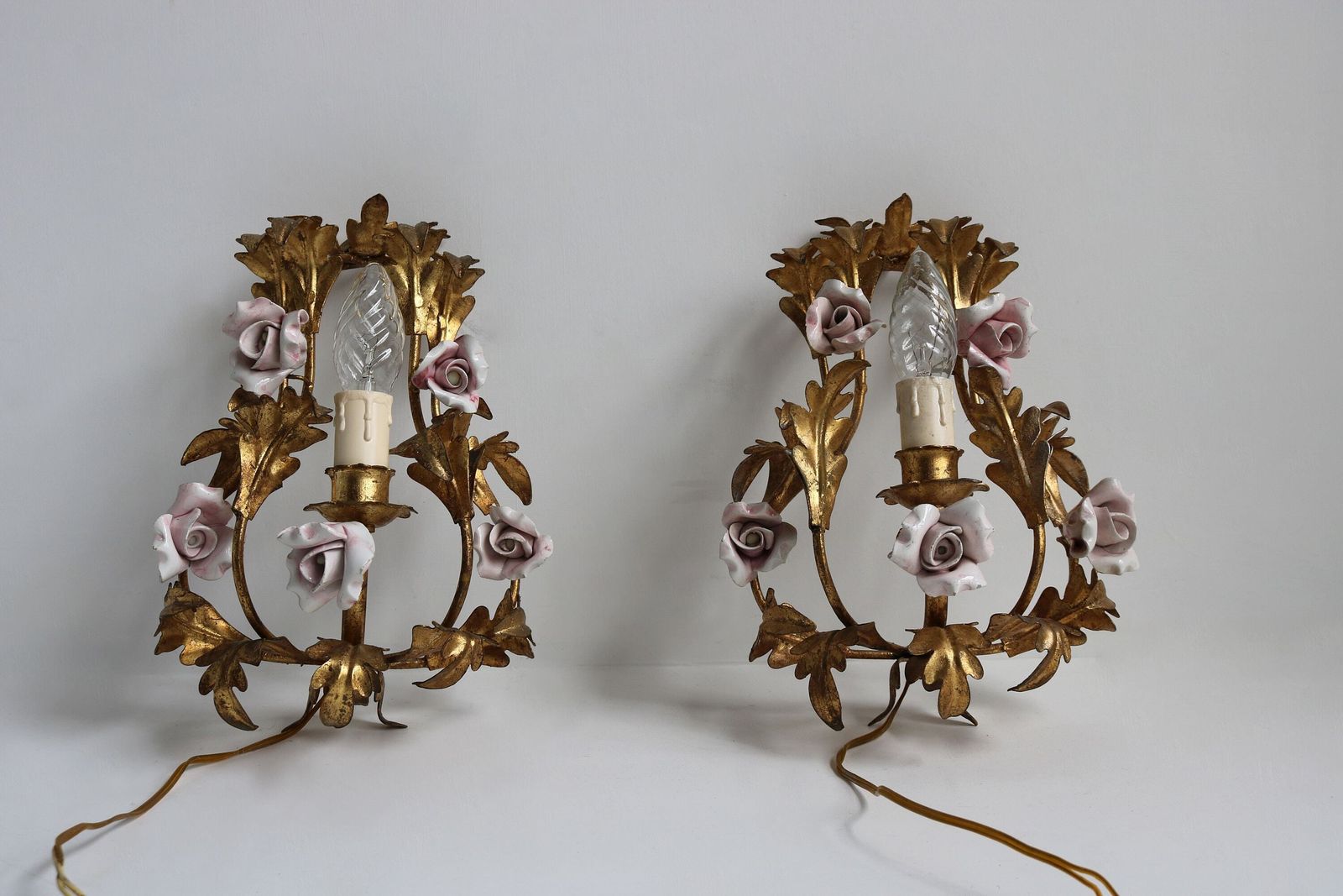 Pretty Pair Of Gilded Tole Italian Wall Sconces With Hand Made Pink Porcelain Roses Flower Wall Lights Hollywood Regency Romantic 1950 1960 photo furniture