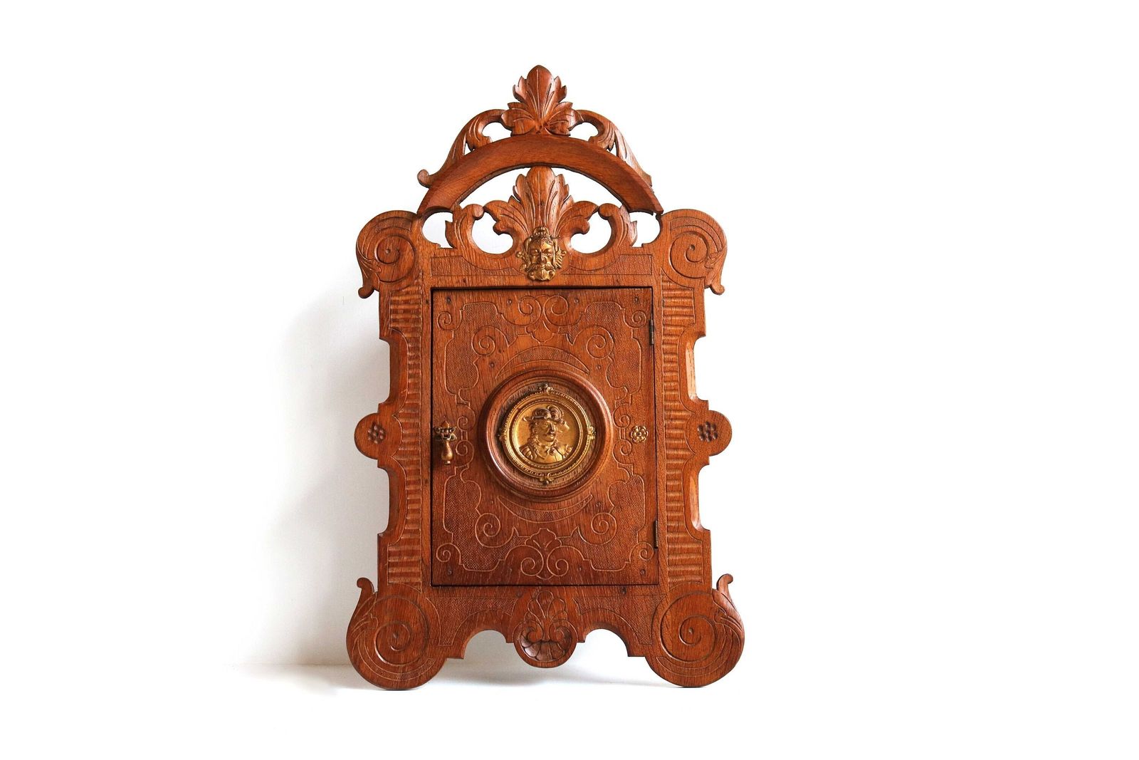Beautiful Antique Oak Wood Carved Medicine Bathroom Kitchen Cabinet Small Wall Cabinet Apothecary Key Cabinet Brass Ornaments 19th Century