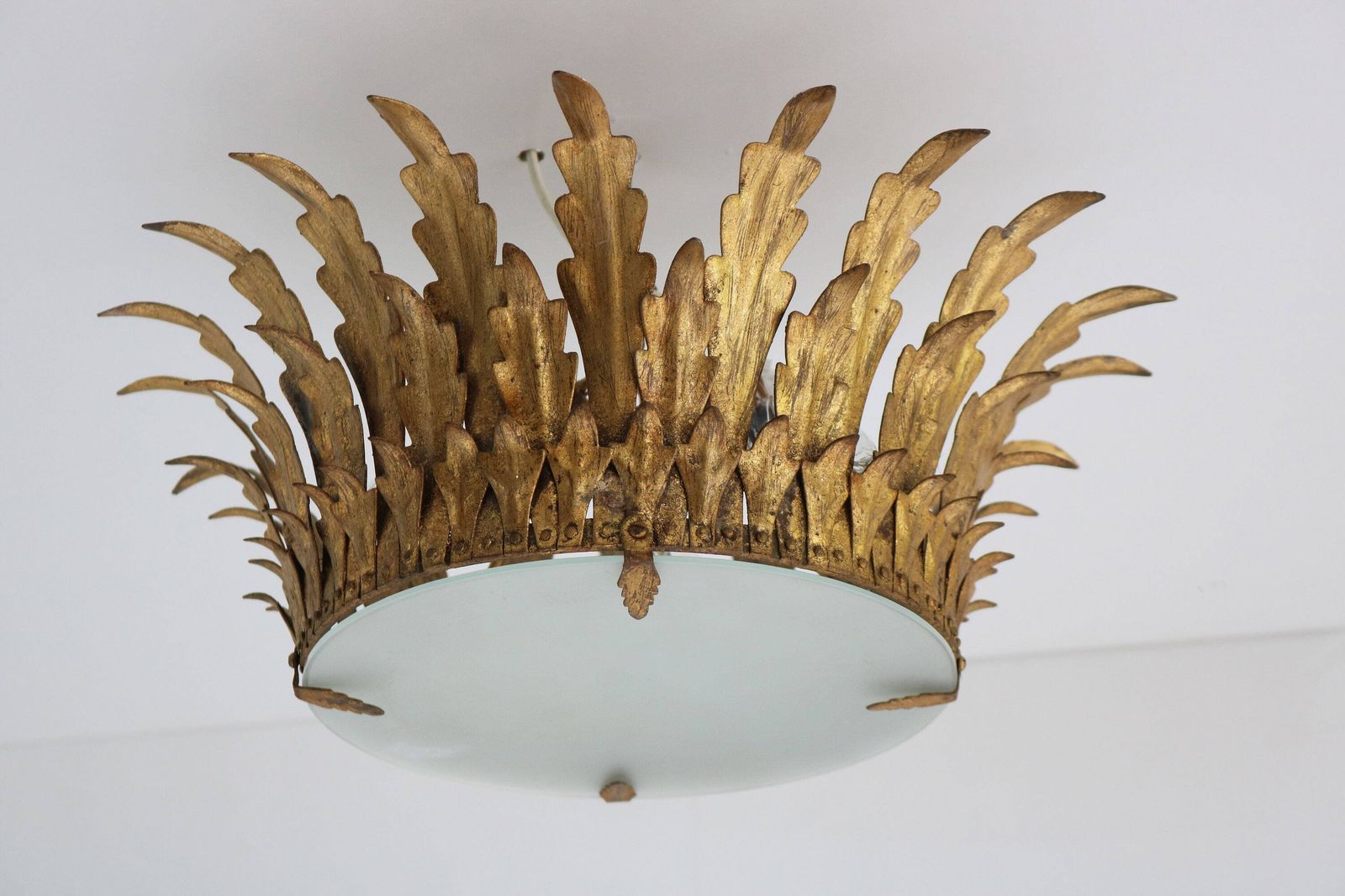 Pair Maison Bagues Style Gilt Tole Crown Light Sunburst Flush Mount Pendant Ceiling Light Leaf Motifs Frosted Glass Hollywood Regency 1950s photo 2422.0