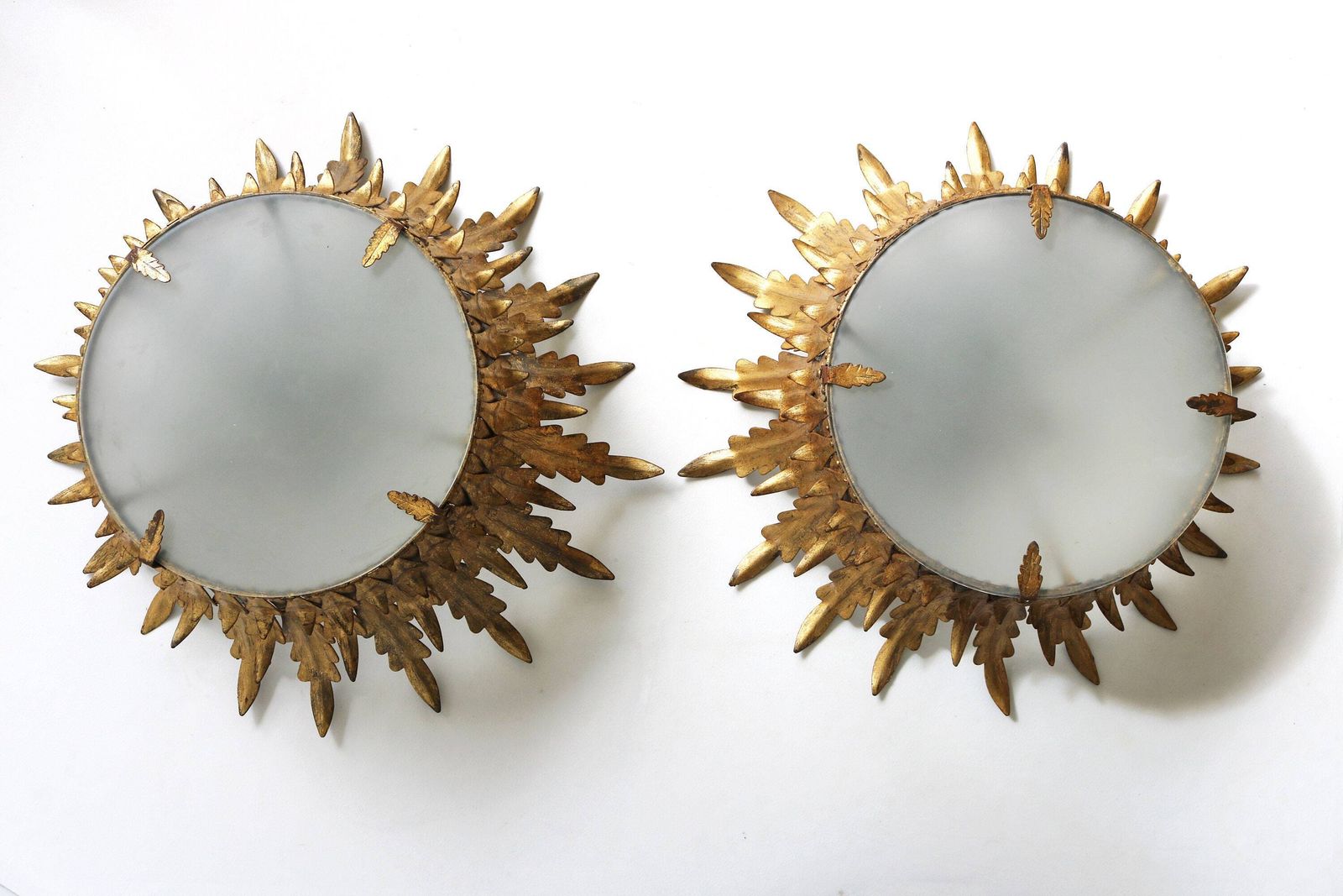 photo for sale Pair Maison Bagues Style Gilt Tole Crown Light Sunburst Flush Mount Pendant Ceiling Light Leaf Motifs Frosted Glass Hollywood Regency 1950s