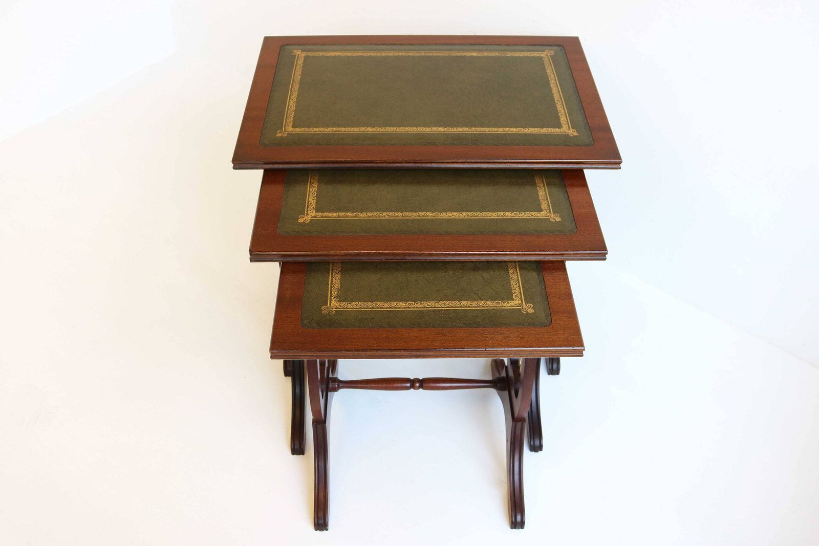 Mid Century Wooden Nesting Tables With Green Leather Tops Harp Shaped Legs Set Of Three Sides Tables Antique Style Nest Of Tables Mimiset 70 photo furniture