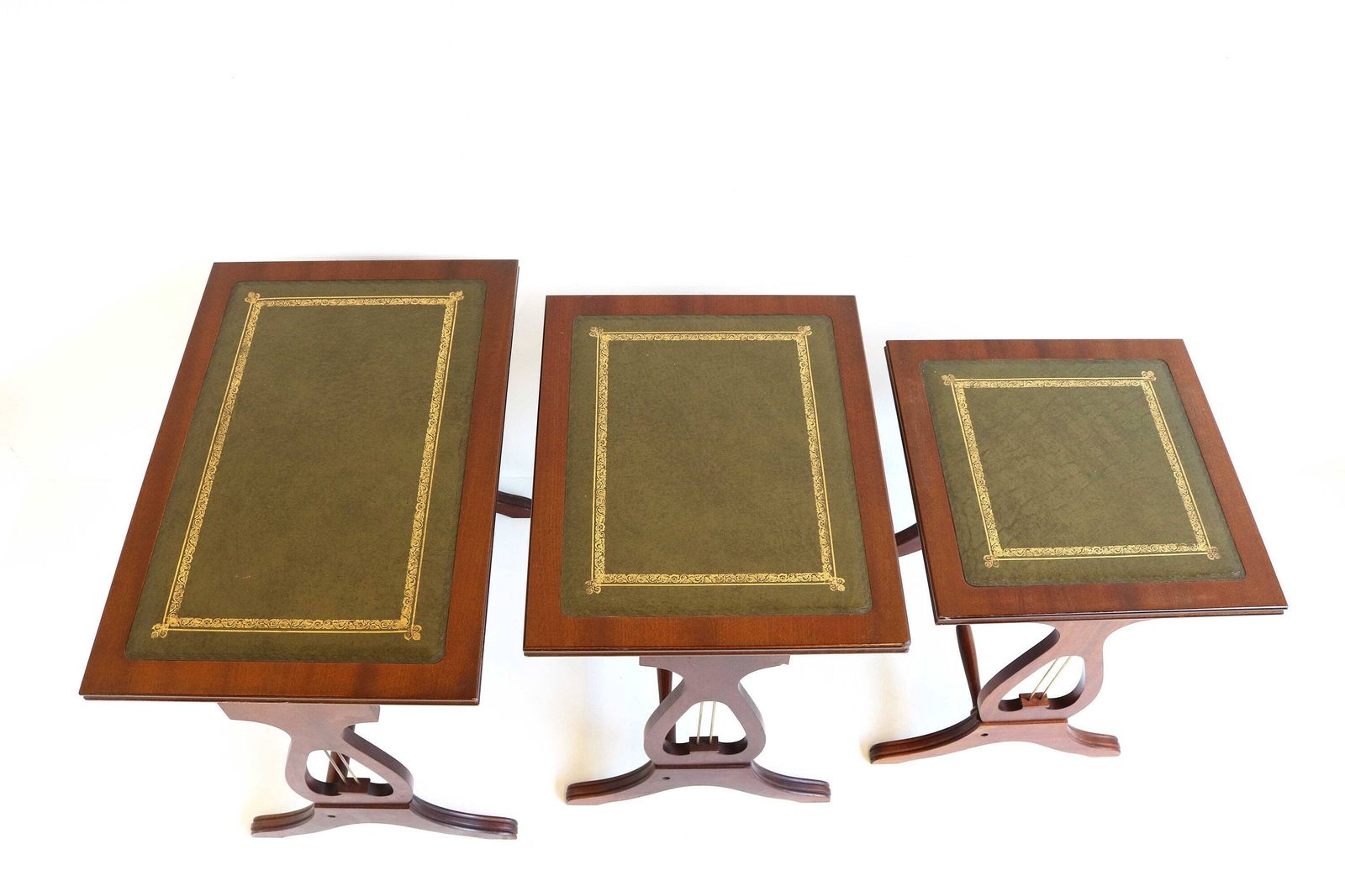 Mid Century Wooden Nesting Tables With Green Leather Tops Harp Shaped Legs Set Of Three Sides Tables Antique Style Nest Of Tables Mimiset 70 photo vintage