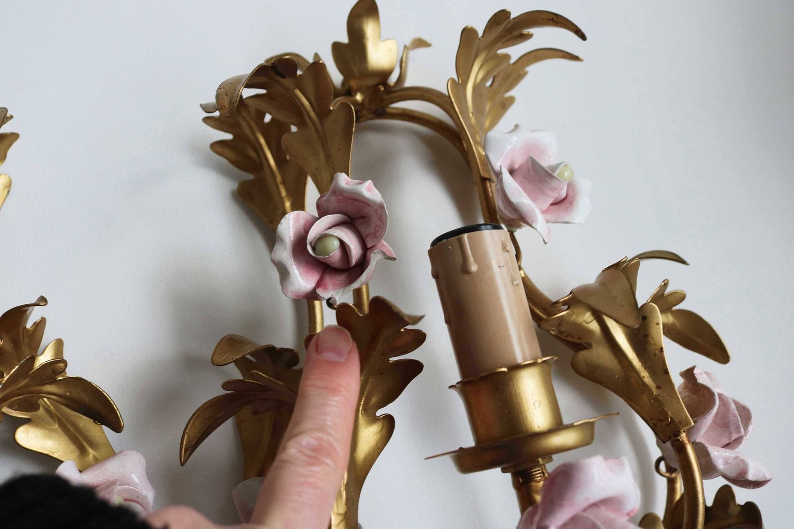 Lovely Pair Of Gilded Tole Italian Wall Sconces With Hand Made Pink Porcelain Roses Flower Wall Lights Hollywood Regency Romantic 1950 1960 photo buy