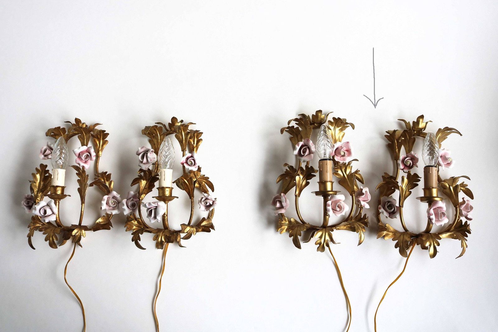 photo for sale Lovely Pair Of Gilded Tole Italian Wall Sconces With Hand Made Pink Porcelain Roses Flower Wall Lights Hollywood Regency Romantic 1950 1960