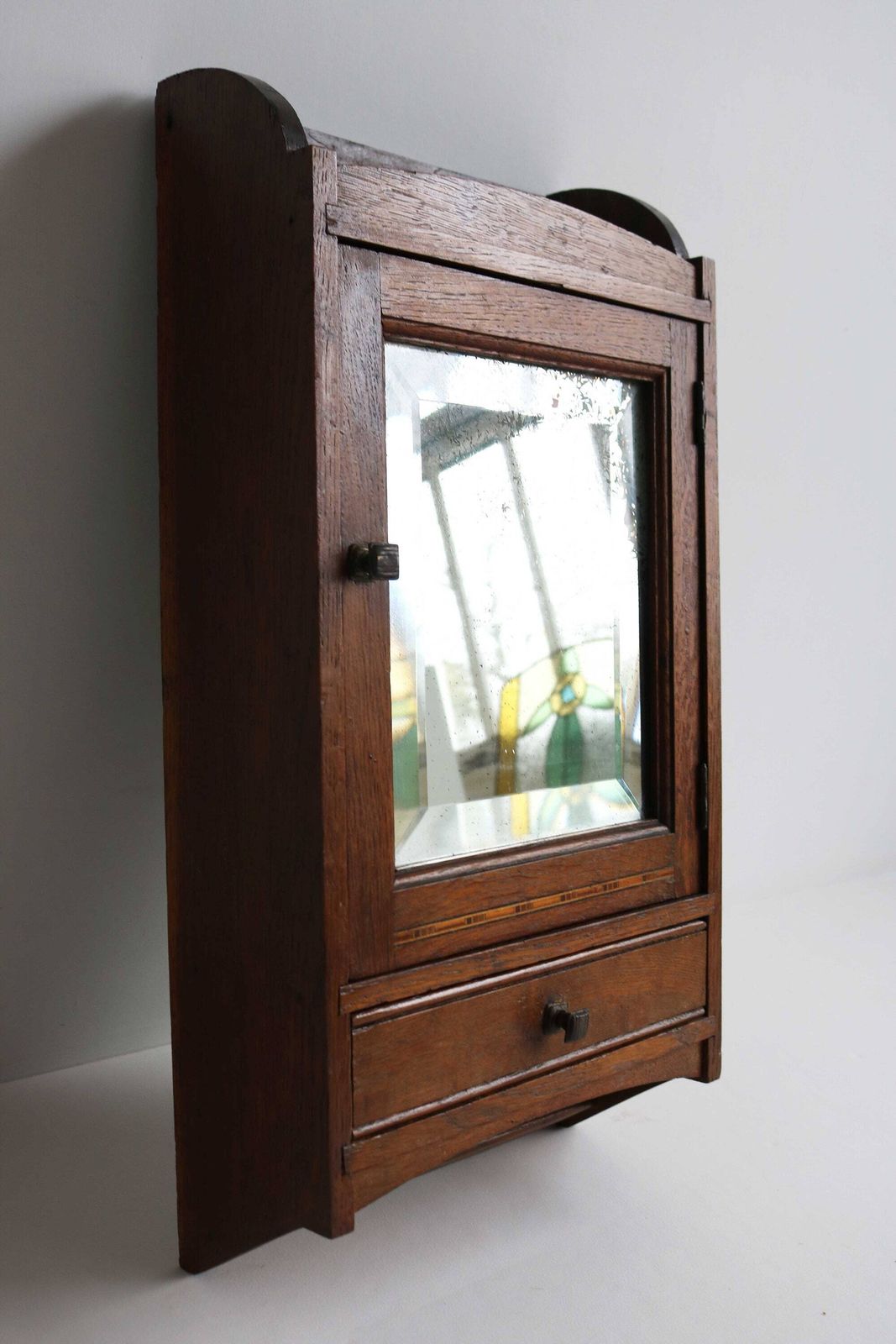 Art Deco Vintage Wood Medicine Bathroom Apothecary Cabinet Worn Mirror Drawer Small Wall Cabinet Kitchen Cabinet Inlaid Comb Tray 1930s photo Furniture
