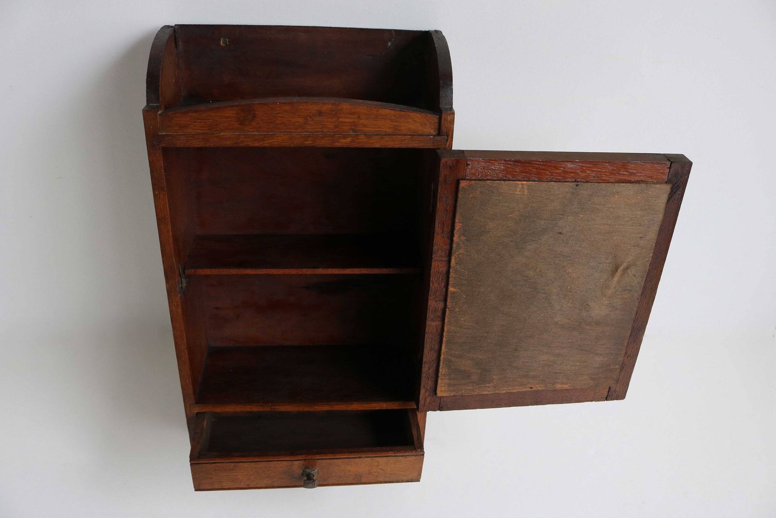 Art Deco Vintage Wood Medicine Bathroom Apothecary Cabinet Worn Mirror Drawer Small Wall Cabinet Kitchen Cabinet Inlaid Comb Tray 1930s photo vinterior