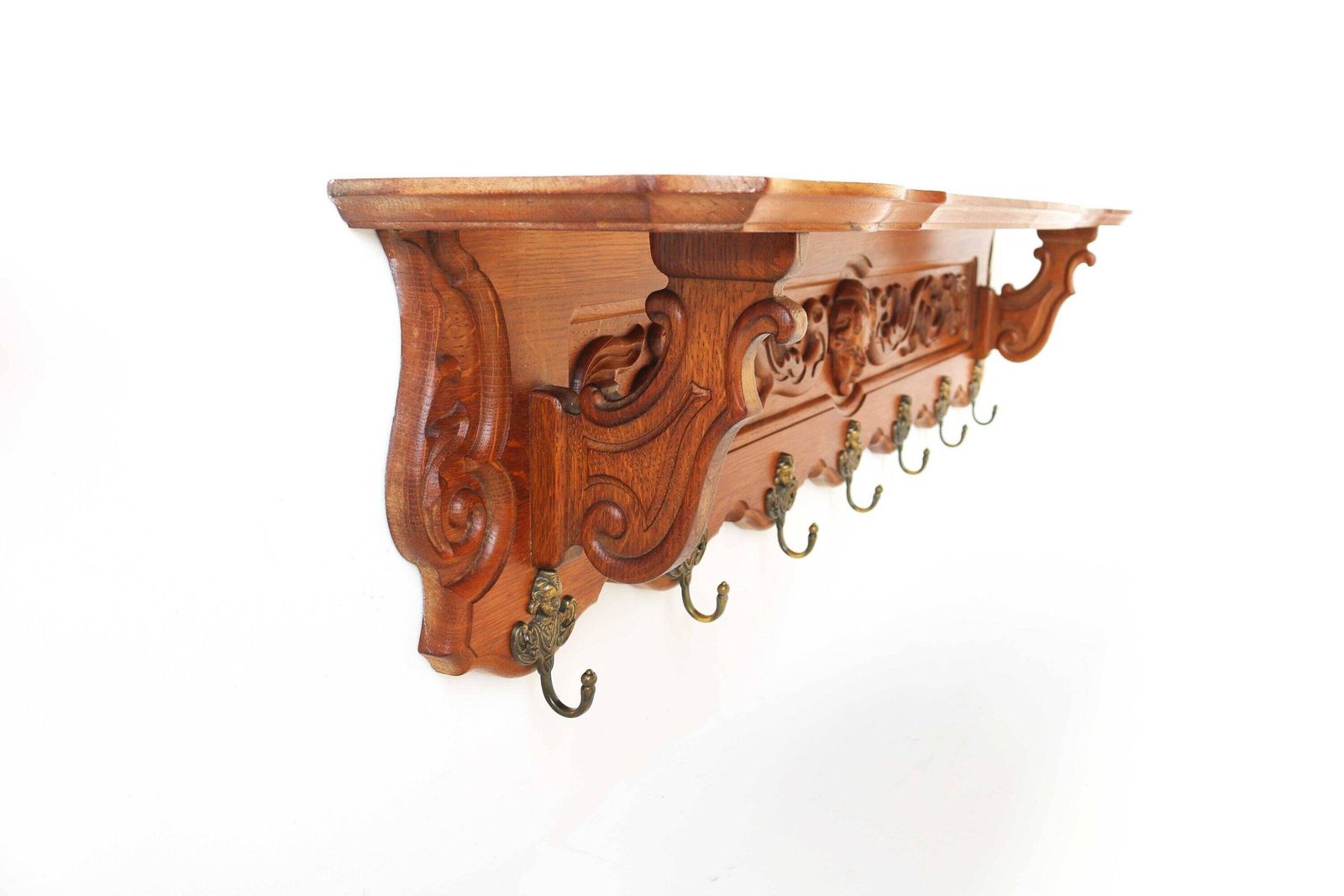 Gesneden Cherub Eiken Kapstok Met Messinghaakjes En Plank – Engel – Franse Louis XV Stijl – Mid Century – Keukenrek – Boekenplank – Landelijke Stijl