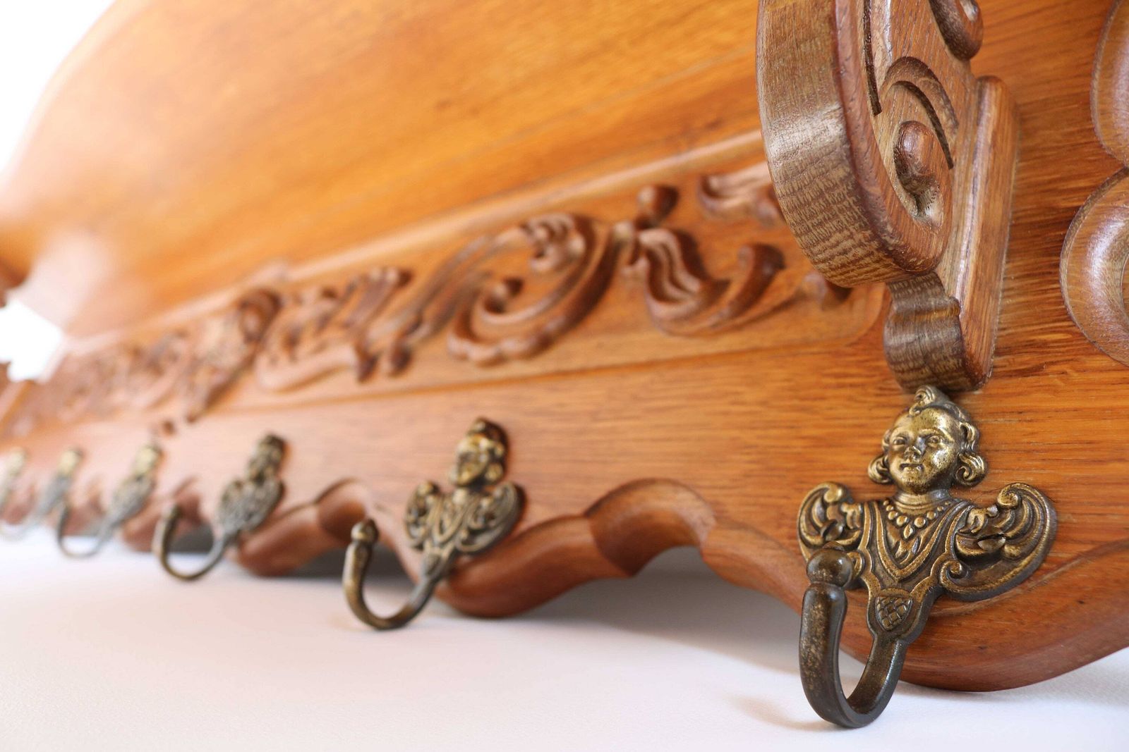 Carved Cherub Oak Coat Hat Scarf Wall Rack Hanger Angel Brass Hooks French Louis XV Mid Century Kitchen Rack Book Shelf Country Farmhouse photo for sale