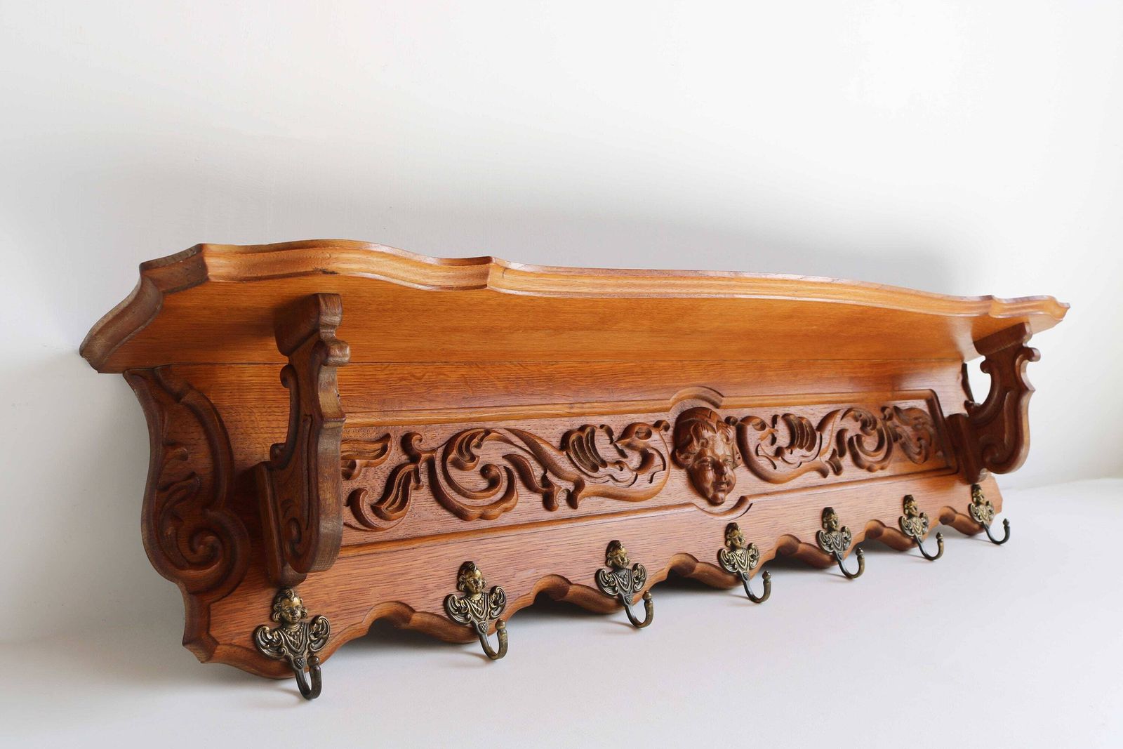 Carved Cherub Oak Coat Hat Scarf Wall Rack Hanger Angel Brass Hooks French Louis XV Mid Century Kitchen Rack Book Shelf Country Farmhouse photo Furniture