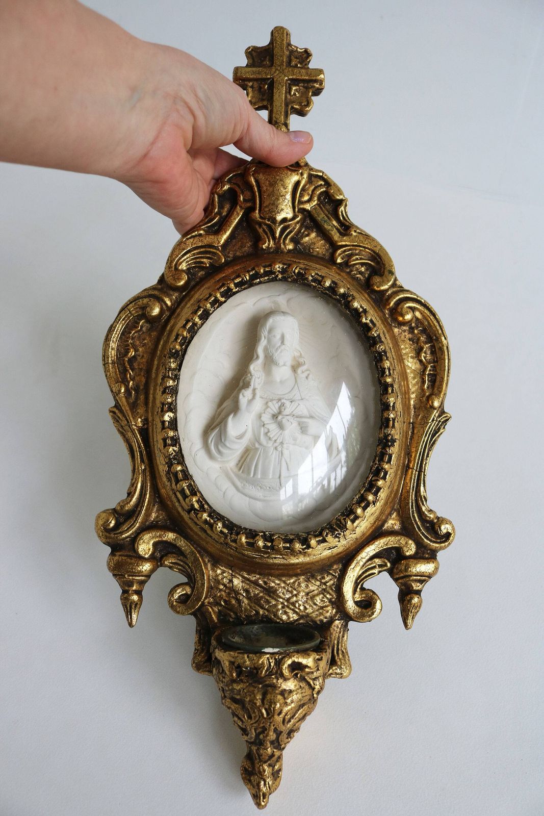 Antique Ornate Holy Water Font Sacred Heart Of Jesus Christ Oval Meerschaum Convex Glass Domed Glass Gold Gilded Carved Wood Cross French photo furniture