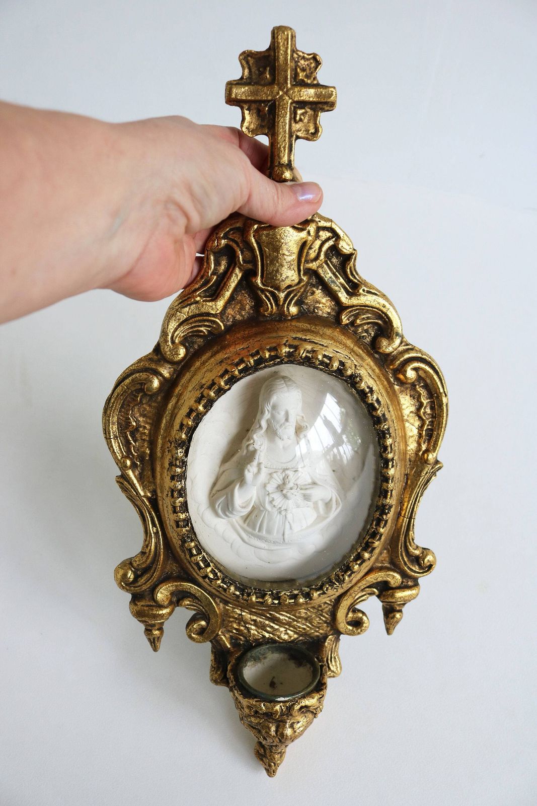 Antique Ornate Holy Water Font Sacred Heart Of Jesus Christ Oval Meerschaum Convex Glass Domed Glass Gold Gilded Carved Wood Cross French photo 436.0