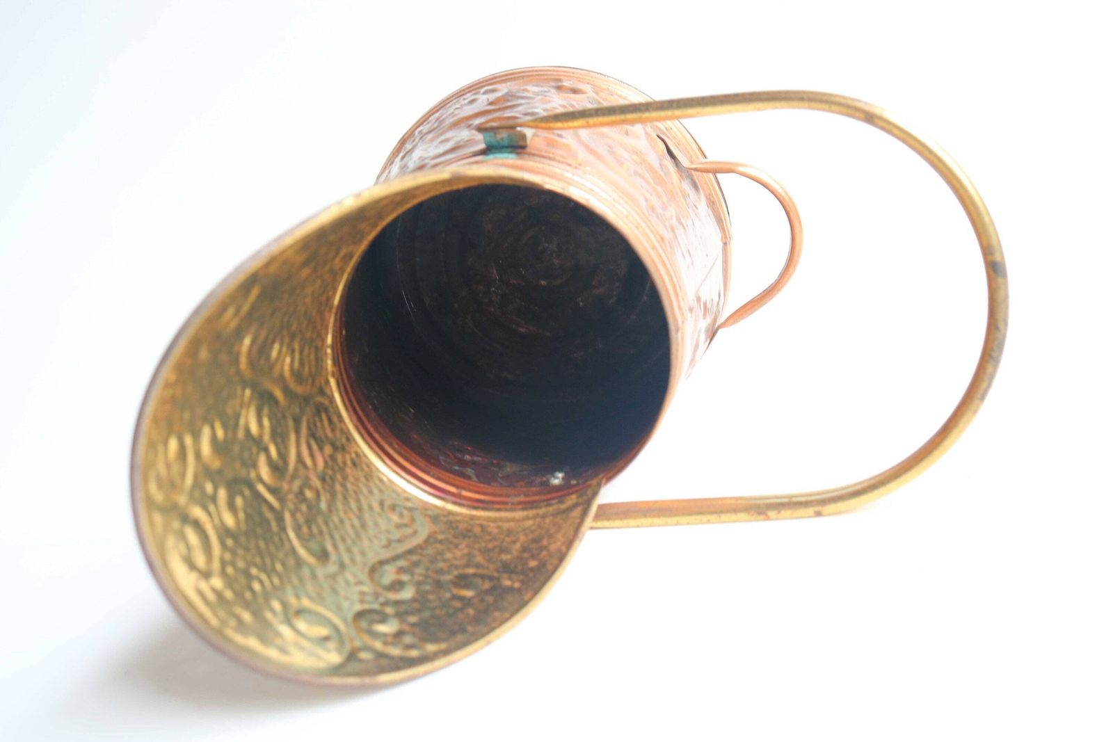photo for sale Mid 20th Century Brass Copper Coal Scuttle Umbrella Cane Stand Ash Scuttle Fireplace Bucket Dutch Embossed Mill Farmhouse 1950 1960s