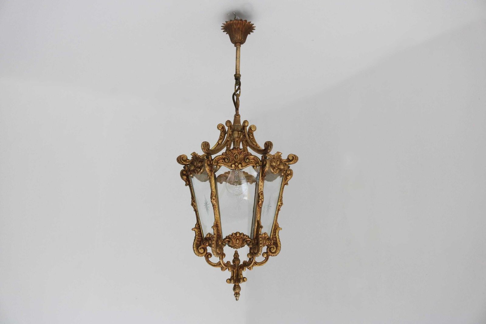 Antique Style French Hanging Lantern Louis XV Style Casted Brass & Etched Starburst Glass Hall Light Vestibule Lantern 1950 photo furniture