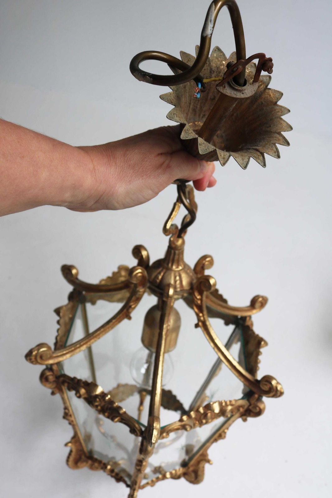 photo for sale Antique Style French Hanging Lantern Louis XV Style Casted Brass & Etched Starburst Glass Hall Light Vestibule Lantern 1950