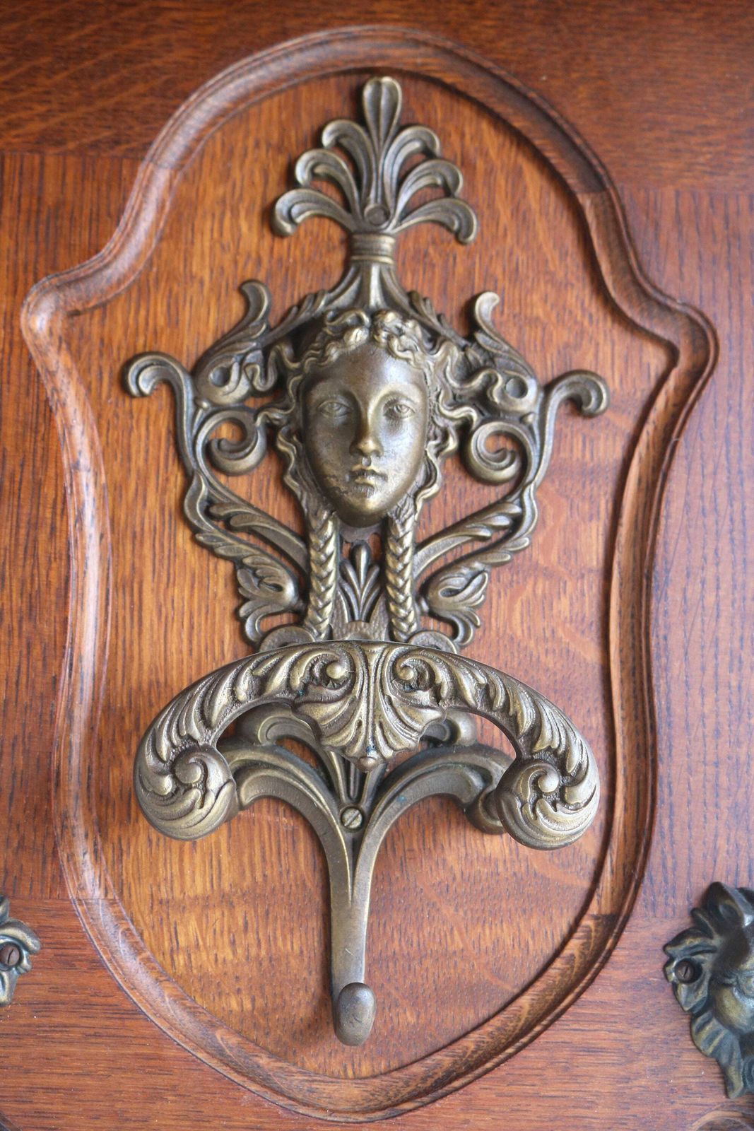 Antique Style Country Rustic Wall Hanging Coat Rack Classical Era Wooden Hall Rack Oak Hat Rack Mirrors Brass Lion Hooks Mid 20th Century photo furniture