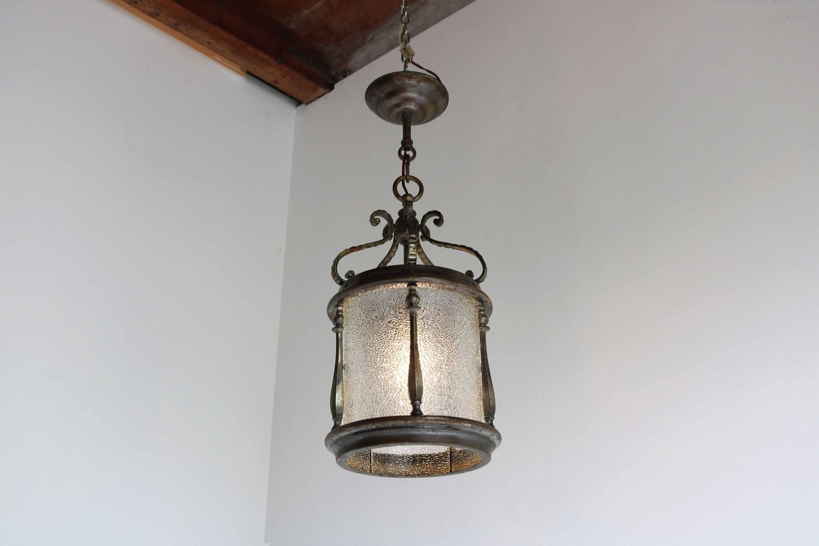 Antique Bronze Lantern With Five Textured Curved Glass Panels Handcrafted Vintage Entryway Hall Ceiling Light Pendant Brass French Ca 1900s photo furniture