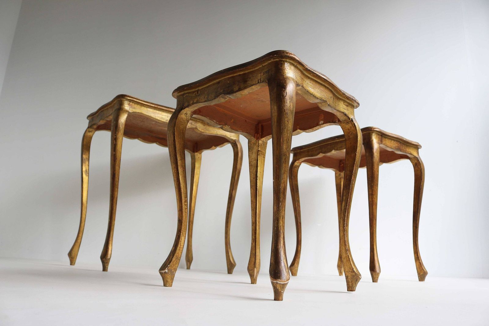 Set Of Three Florentine Coffee Tables In Gilded Wood Italian Nesting Tables Neoclassical Gilded Side Tables Golden Hand Painted 1960s photo buy