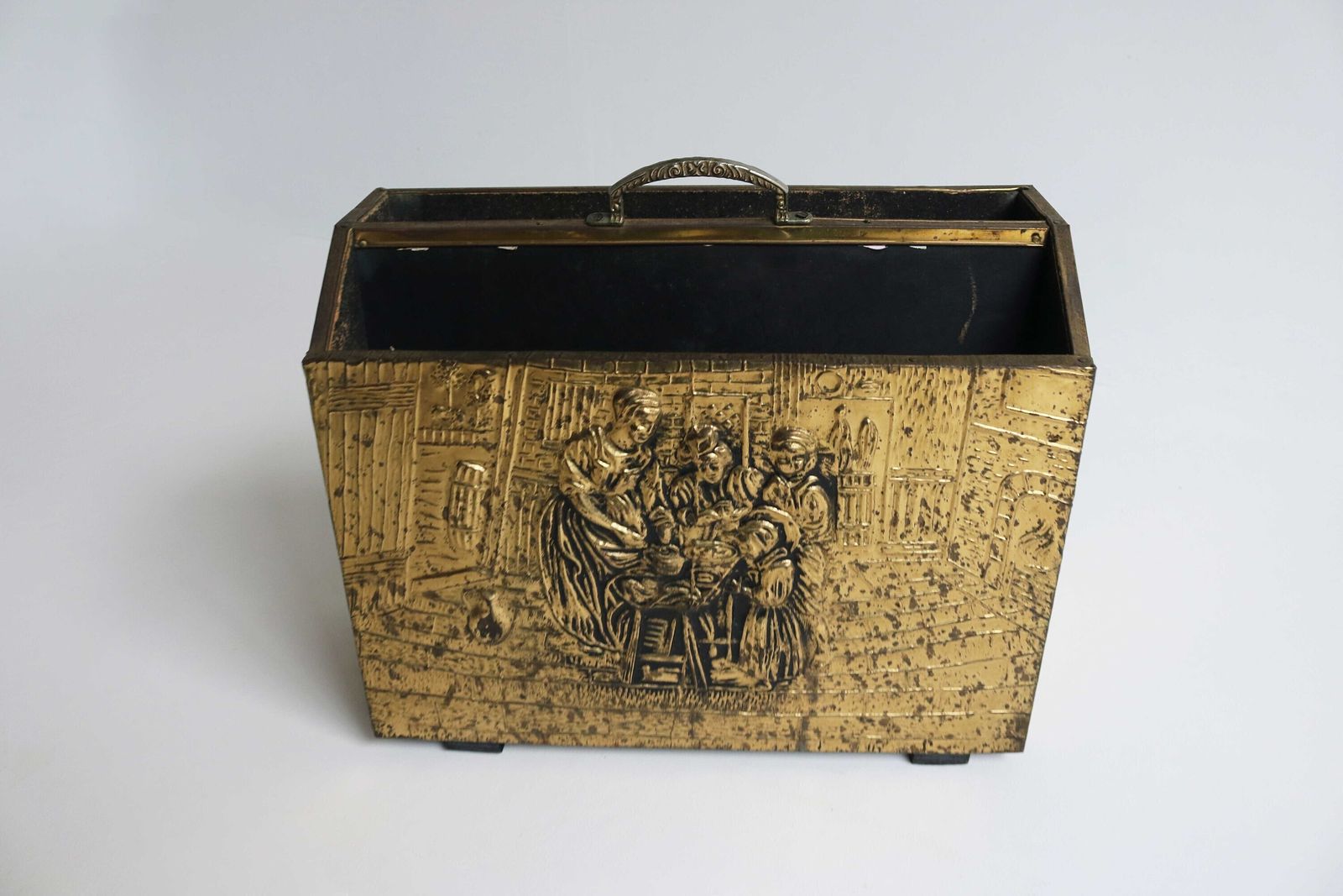 Vintage Brass Record Rack Magazine Rack Embossed Relief Repousse Scene Covered Wood Box Fireplace Two Section Book Holder England 1960s photo for sale