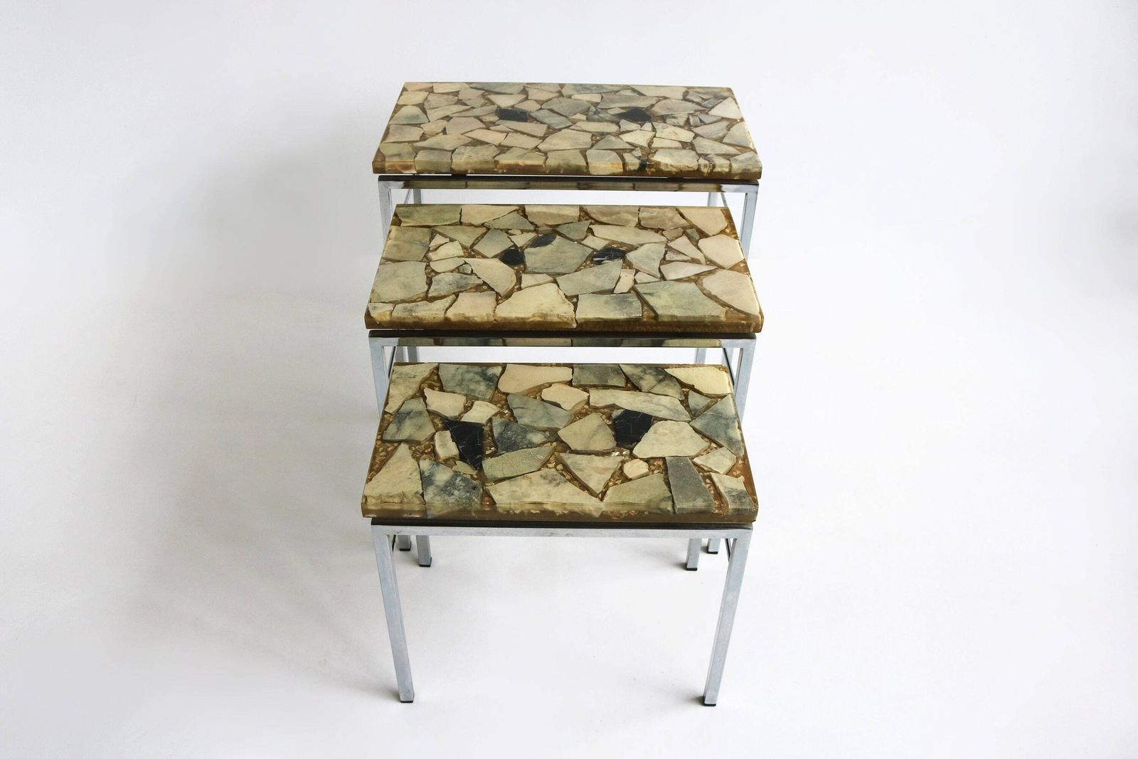 Vintage Design Onyx And Epoxy Nesting Tables Mimiset Chromed Base 60s Mimi Set Three Side Tables Sixties Stone Tables Mid Century End Tables