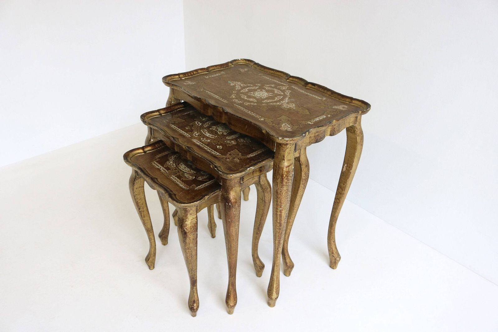 Decorative Set Of Three Italian Florentine Red Gold Hollywood Regency Wood Stacking Nesting Tables Additional Tables Side Tables Set Tables photo furniture