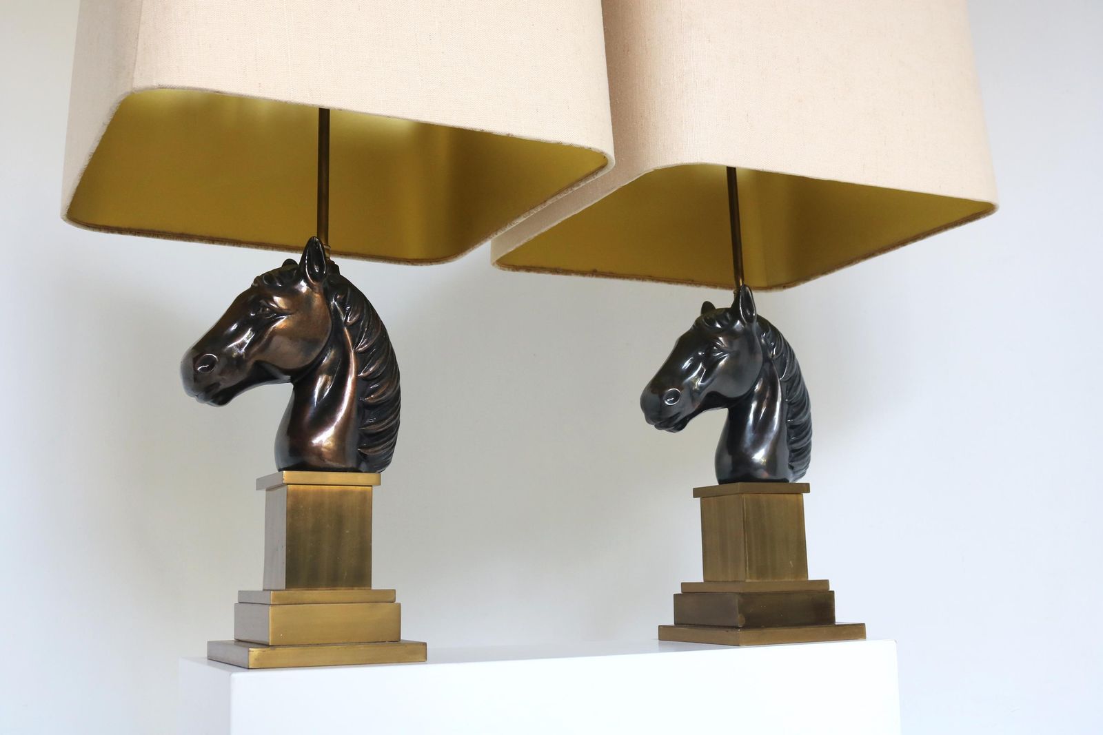 Two Hollywood Regency Horse Head Lamps Mid  Century Couple Brass Horses Table Lamps With Shades, 1970s photo furniture