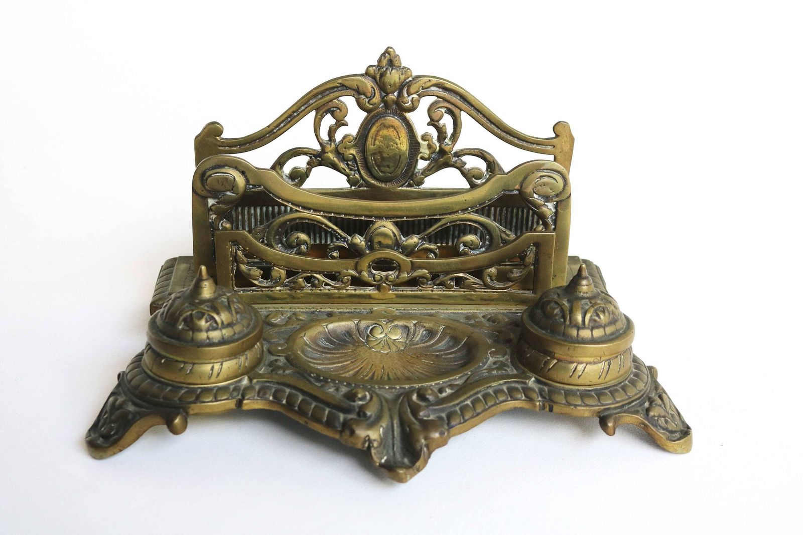 Antique Bronze Desk Stand With Double Inkwells Letter Rack And Porcelain Ink Holders, Hand Crafted France 1900s photo furniture
