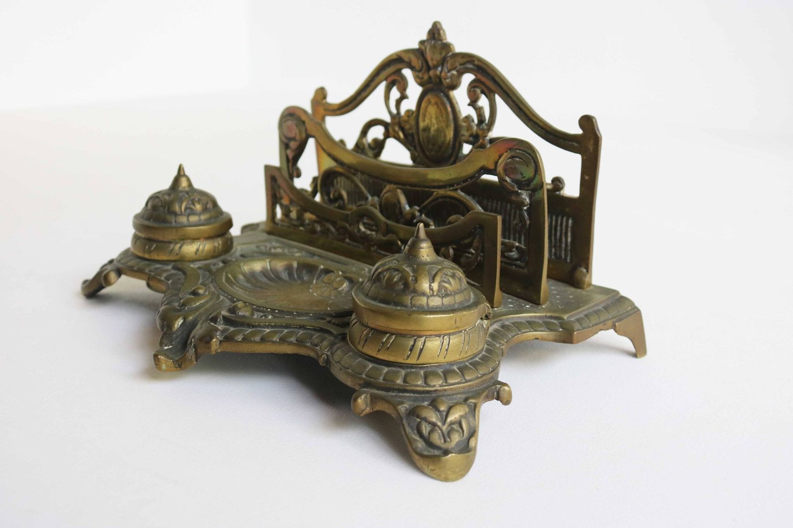 Antique Bronze Desk Stand With Double Inkwells Letter Rack And Porcelain Ink Holders, Hand Crafted France 1900s photo for sale