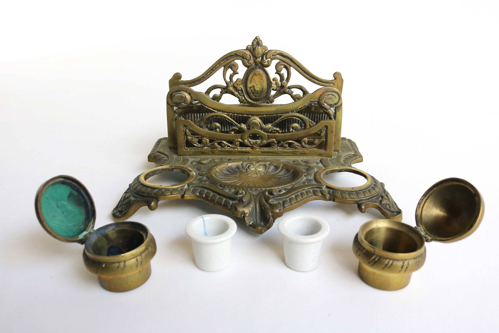 Antique Bronze Desk Stand With Double Inkwells Letter Rack And Porcelain Ink Holders, Hand Crafted France 1900s photo buy