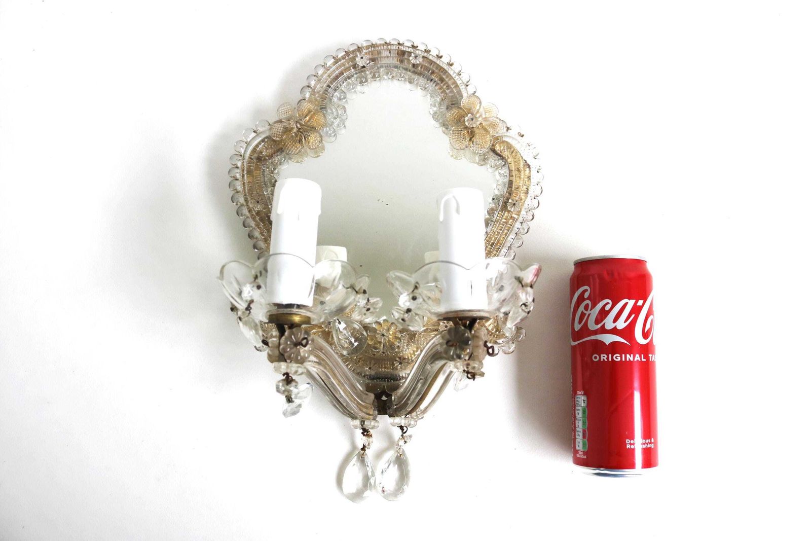 photo furniture Murano Glass Venetian Style Wall Lamp With Mirror Two Arm Glass Sconce, Vintage Italian Floral Wall Light 1950s