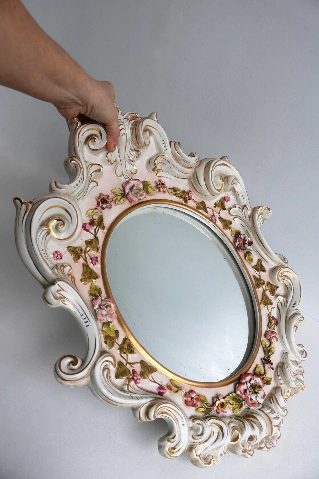 Italian Ceramic Porcelain Mirror Flowers Capodimonte Style Wall Mirror Floral Italy Mid 20th Century By "Massive Made In Italy" photo 831.0