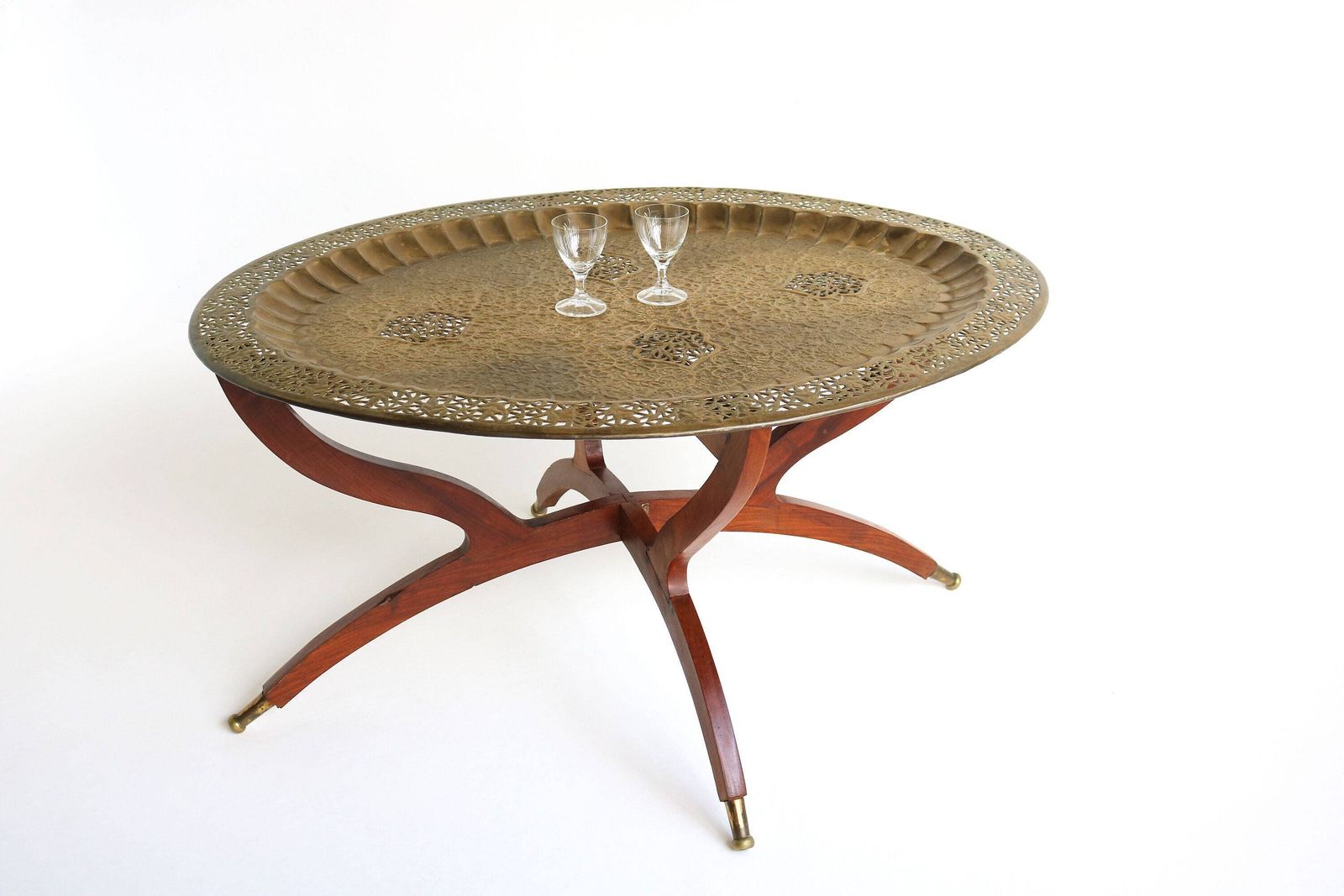 Mid Century Modern Oval Brass Tea Tray Table Moroccan Coffee Table With Spider Leg Base 1960s Carlo Di Carli Style Boho Chic 2 Piece Set