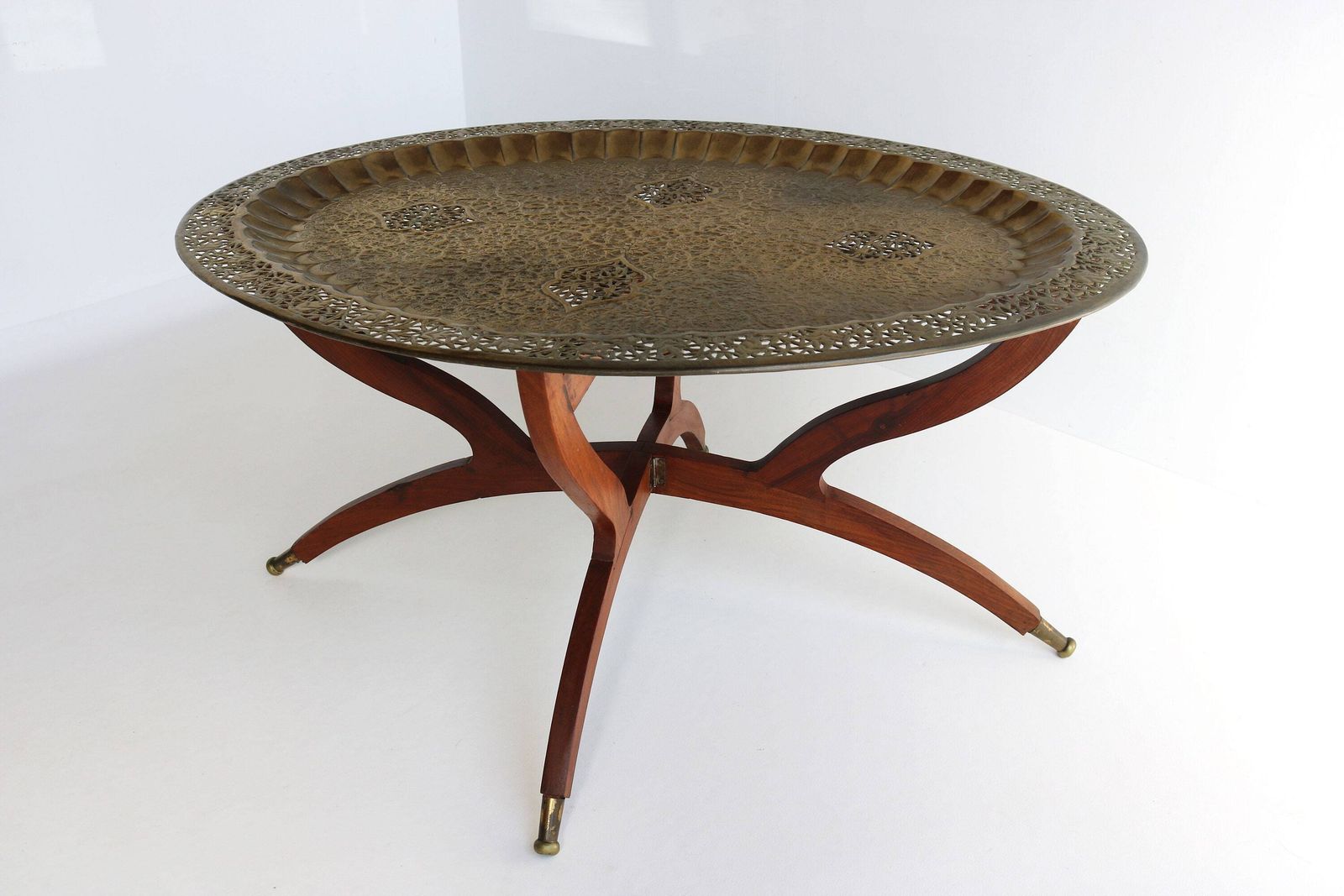Mid Century Modern Oval Brass Tea Tray Table Moroccan Coffee Table With Spider Leg Base 1960s Carlo Di Carli Style Boho Chic 2 Piece Set photo for sale