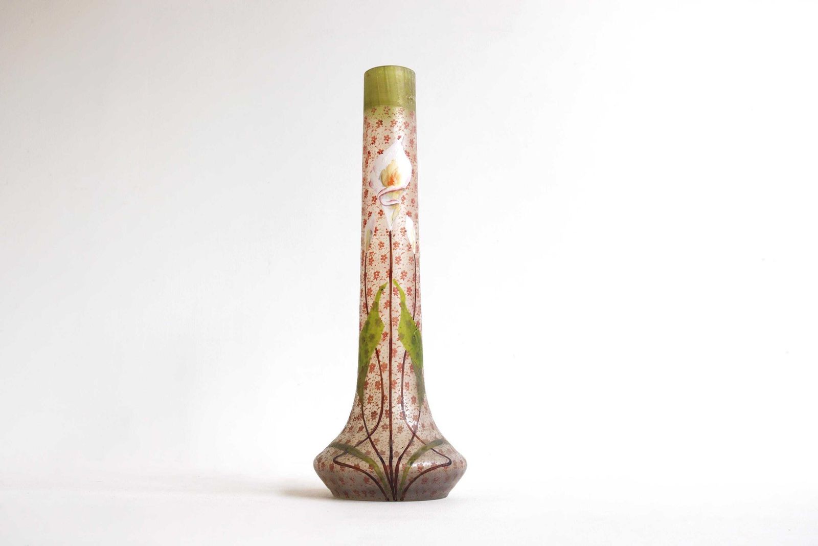 Antiek Jugendstil Art Nouveau Frans Glazen Vaas | Geschilderd Geëmailleerd | Bloemenvaas | Calla Lelie | Begin 20e Eeuw