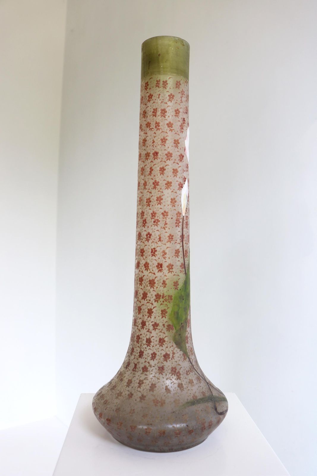 Antiek Jugendstil Art Nouveau Frans Glazen Vaas | Geschilderd Geëmailleerd | Bloemenvaas | Calla Lelie | Begin 20e Eeuw photo buy