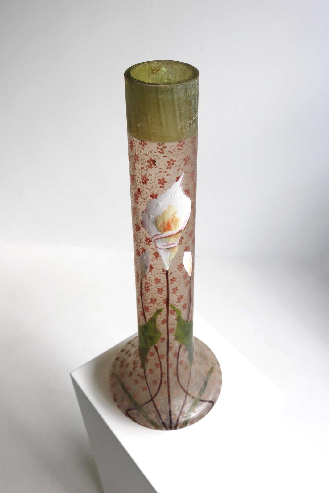 Antique Jugendstil Art Nouveau French Glass Vase Painted Enamelled Flower Vase Calla Lily Vase 1900s photo vintage