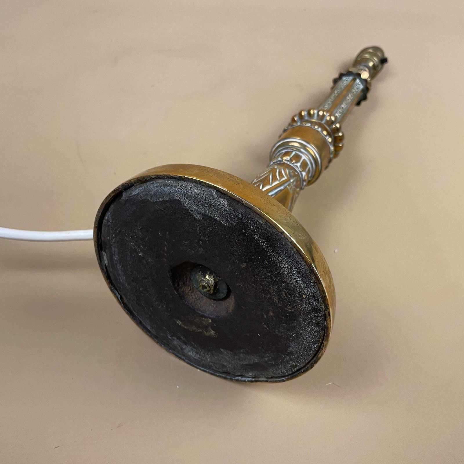 Antique Metal Gold Brass Lamp Light Bedside Side Table Desk Column Ornate Round Base Vintage Lamps Pillar Medium Patterned photo vintage