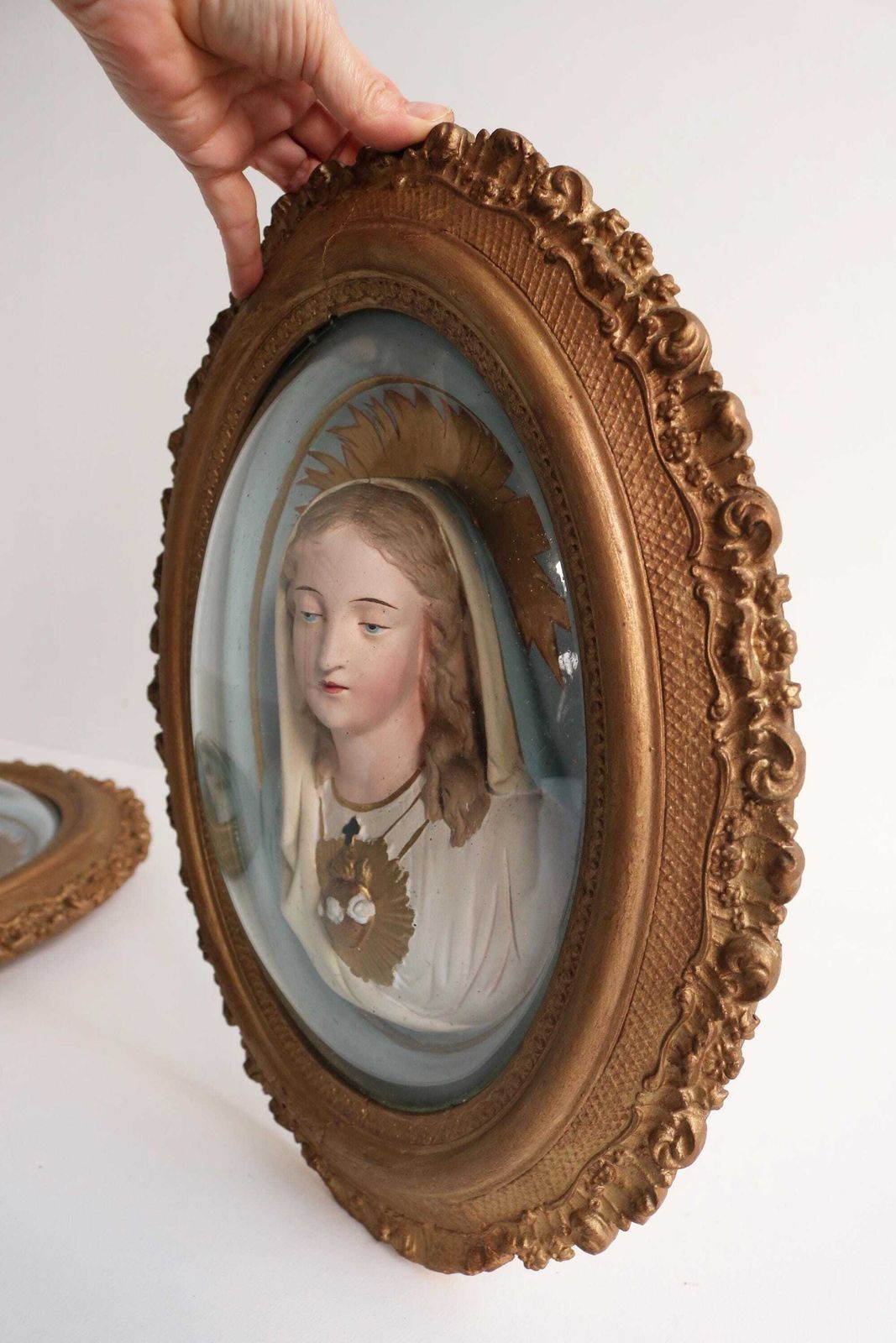 Couple Antique French Victorian Religious Jesus Christ And Virgin Mary Secret Heart Plaques Oval Plaster Wall Frames Convex Glass Domes 1900 photo buy