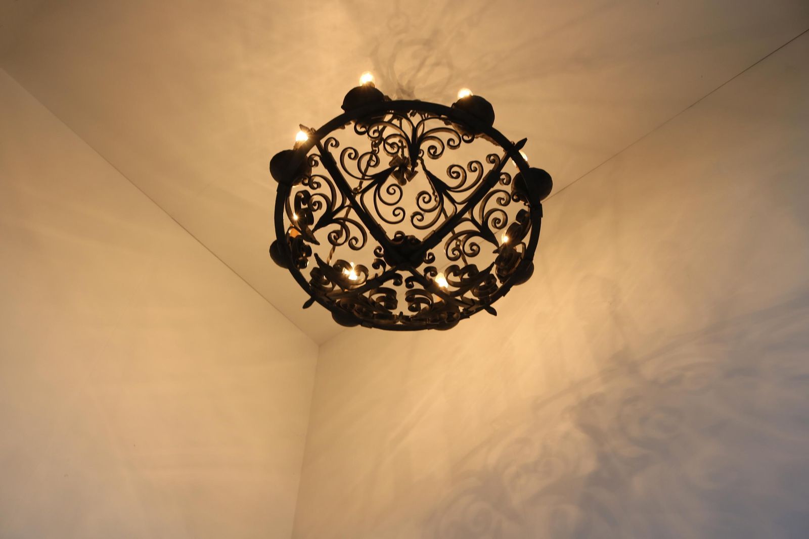 Large Wrought Iron Antique Castle Chandelier Arts & Crafts Round Pendant Light Fixture Hands Made Dome Crown Chains Late 19th Century photo 2961.0