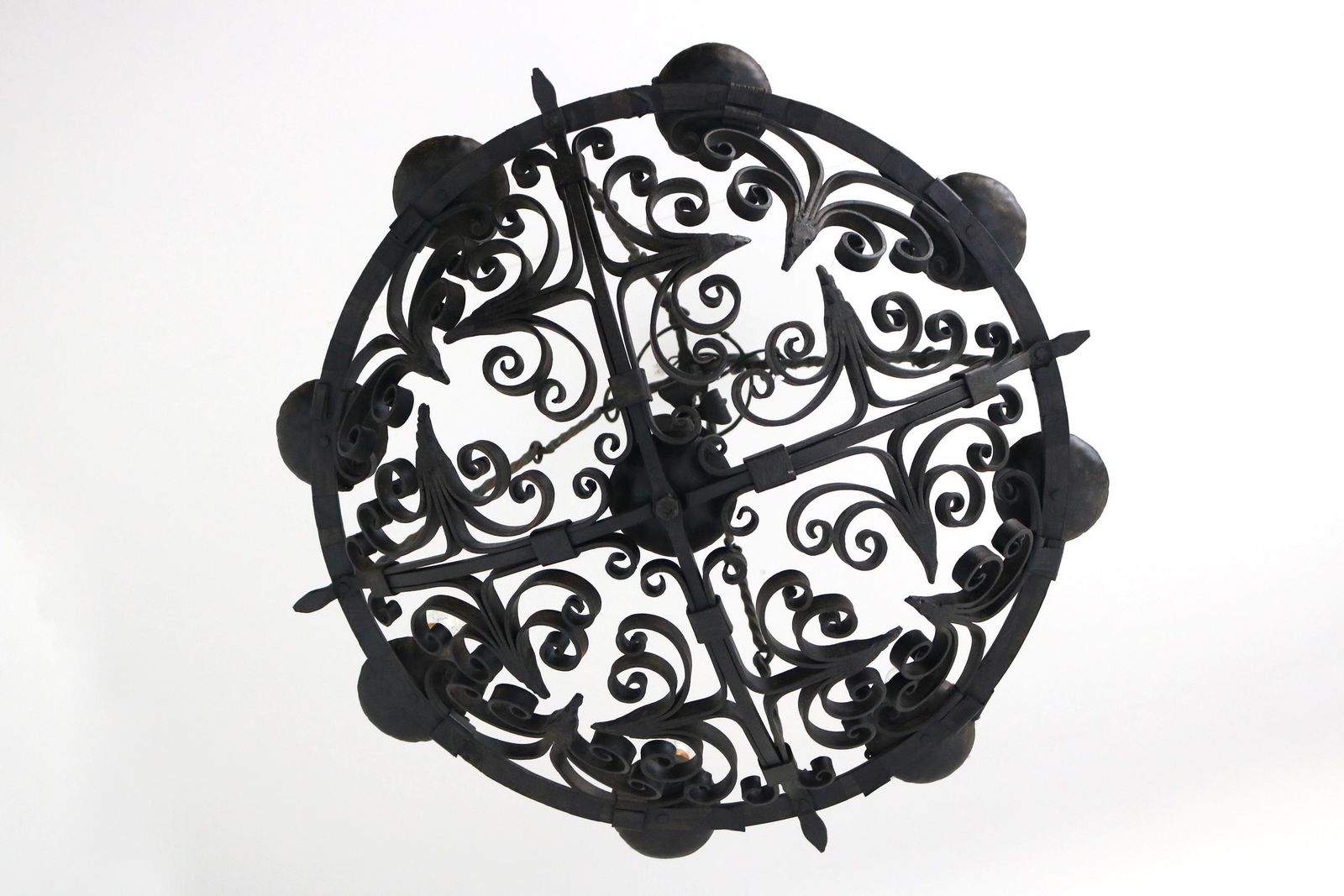 Large Wrought Iron Antique Castle Chandelier Arts & Crafts Round Pendant Light Fixture Hands Made Dome Crown Chains Late 19th Century photo vintage