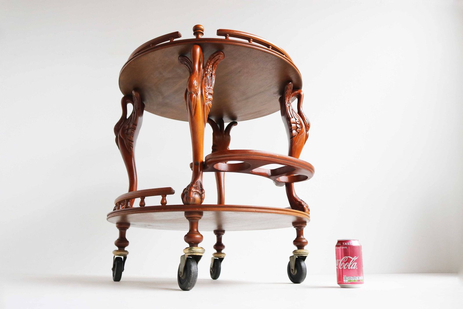 photo for sale Mid Century Round Rolling Bar Or Tea Cart, Swan Sculptures Vintage Wooden Serving Trolley Three Bottle Holder Side Table On Wheels 1960s